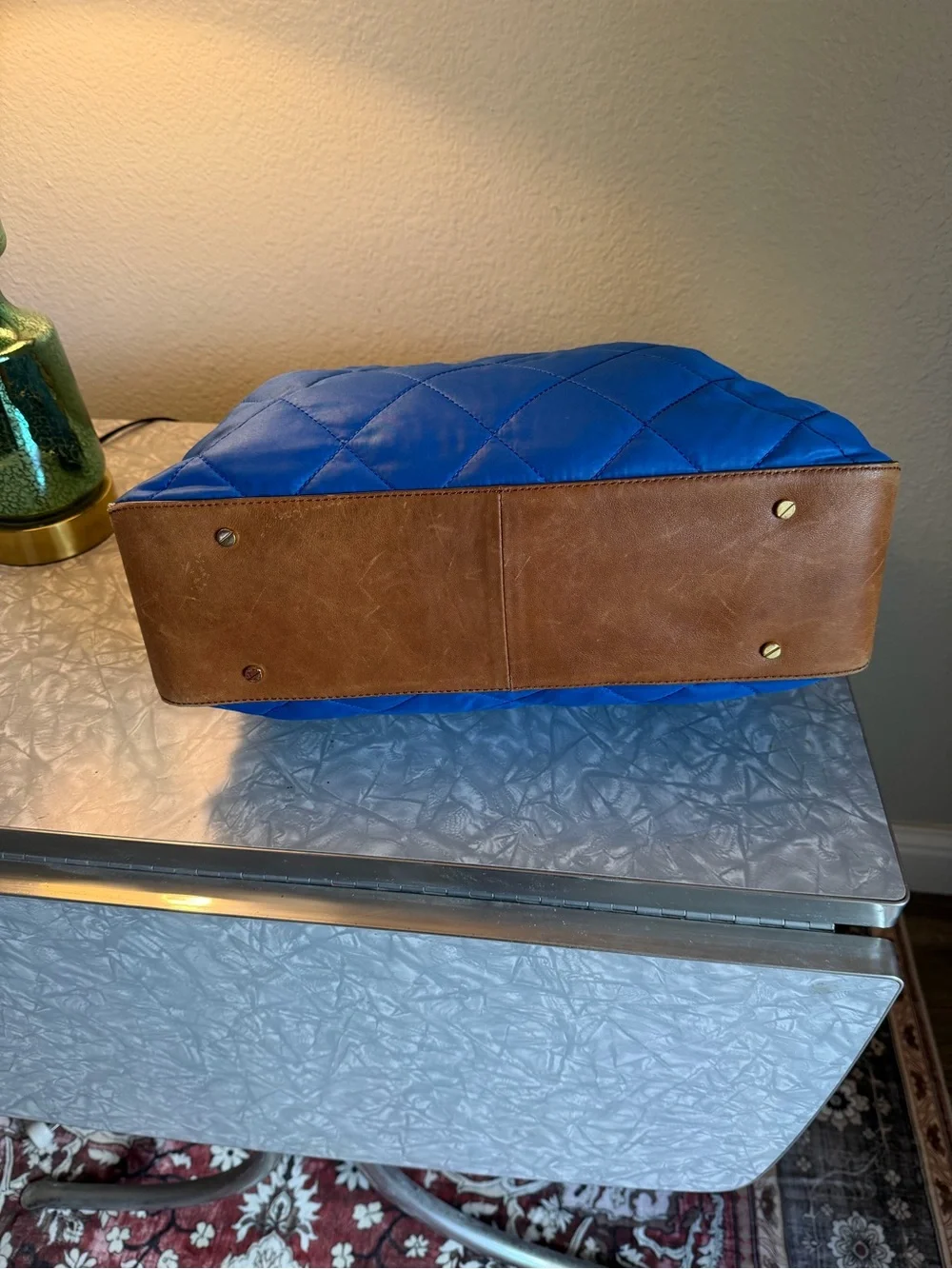 EUC Tory Burch Leather & Quilted Blue Tote. - Picture 7 of 12